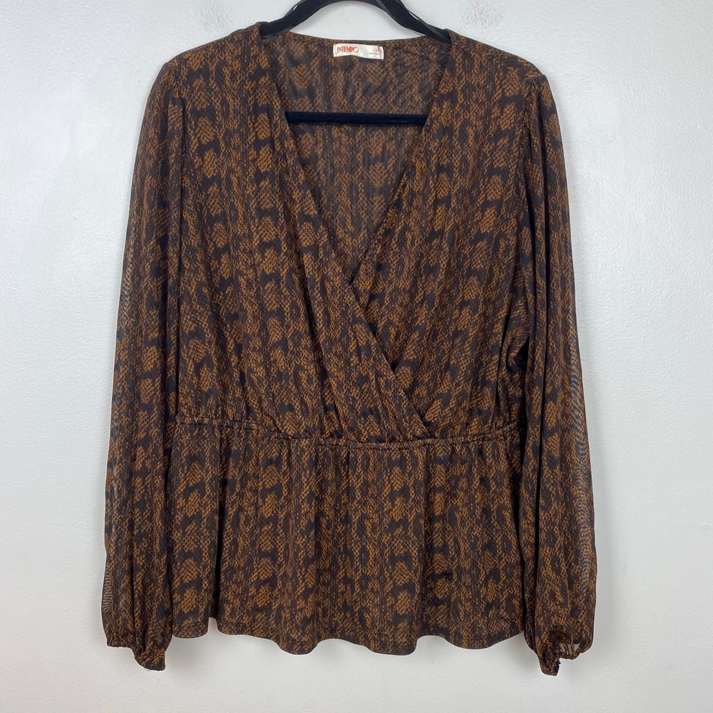 InTempo Brown Snake Print Sheer Mesh Blouse Peplum Hem Flowy Fairycore Size 1X